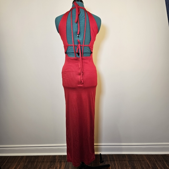 Custom handmade red high slit sleeveless backless knit maxi dress size XS US. - Picture 3 of 5
